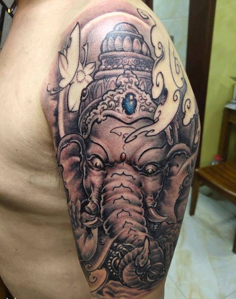 象神纹身图片_手臂肩部新传统纹身图案