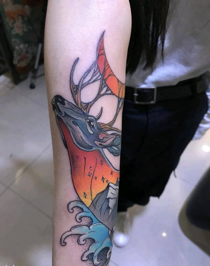 鹿纹身图片_手臂New School纹身图案