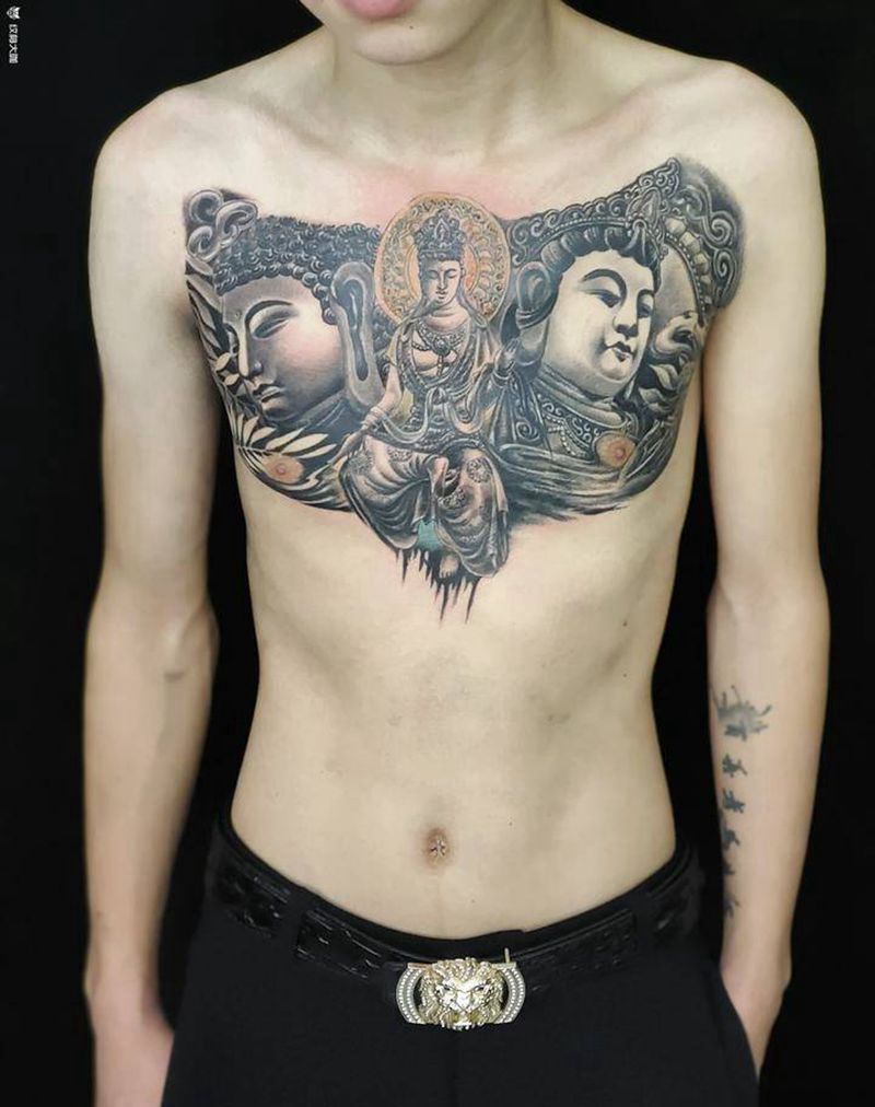 三面佛纹身图片_胸部新传统纹身图案