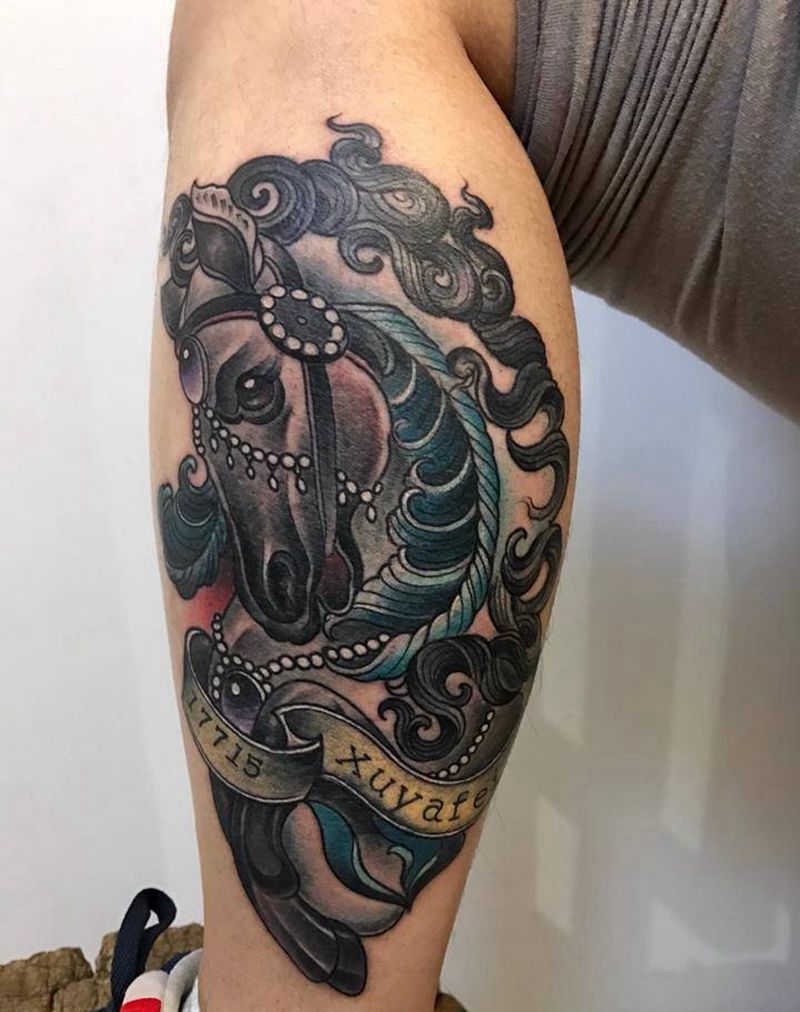 马纹身图片_成品腿部动物纹身图案