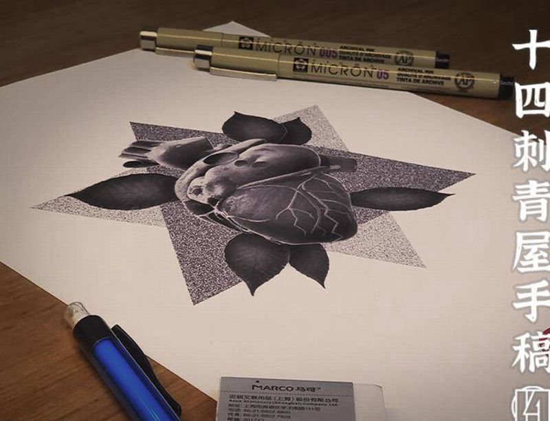 手稿心脏纹身图片_点刺欧美写实纹身图案