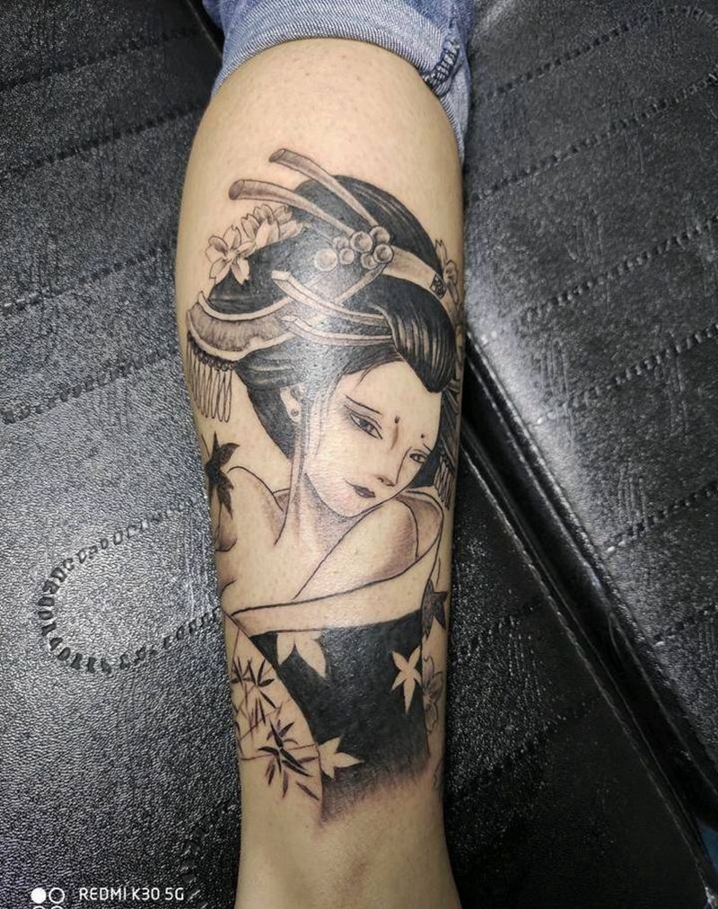 艺伎遮盖纹身图片_腿部新传统纹身图案