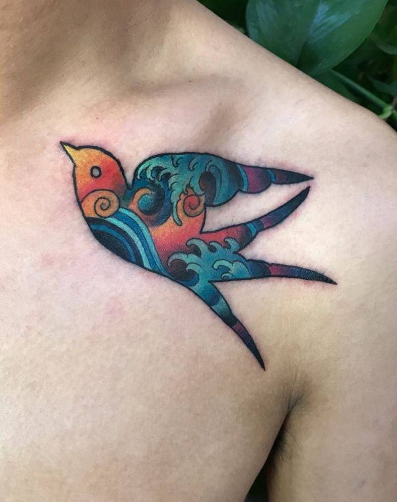 燕子遮盖纹身图片_成品胸部传统原创动物纹身图案