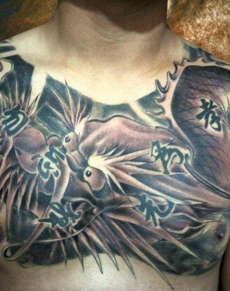 披肩大龙纹身图片_肩部胸部背部传统原创龙成品纹身图案