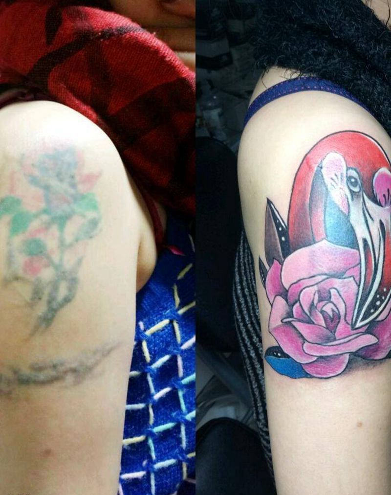 火烈鸟遮盖旧纹身纹身图片_肩部New School纹身图案