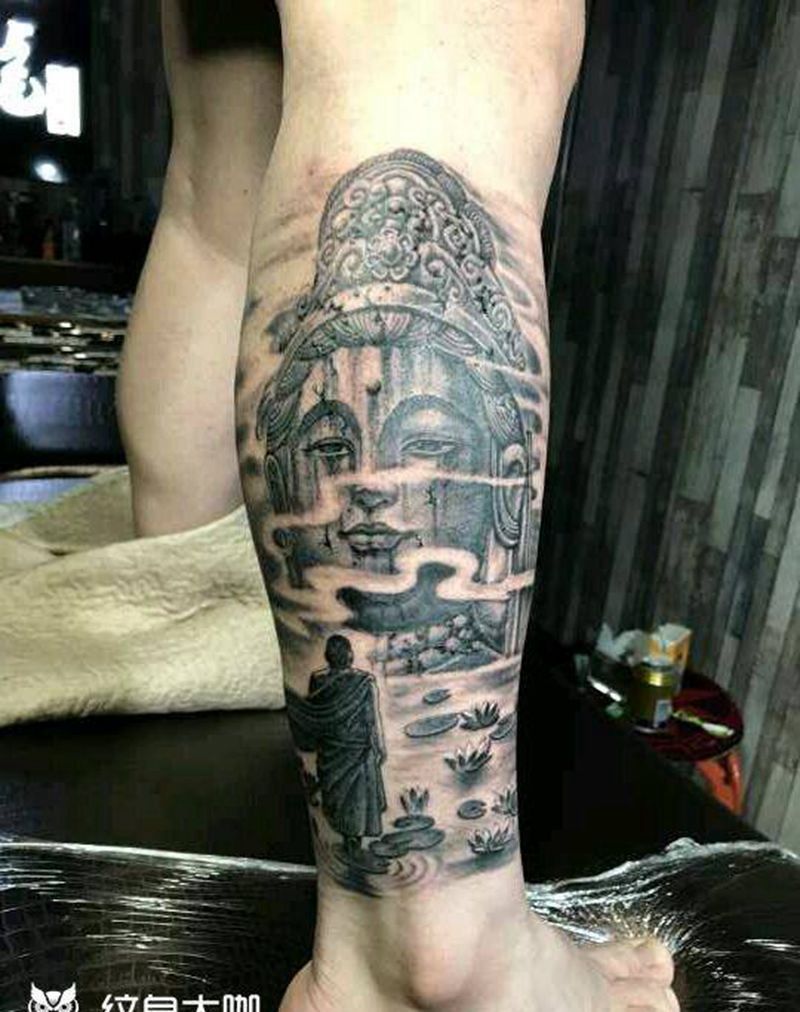 伏虎归来纹身图片_腿部传统人物植物静物鬼神成品手稿纹身图案