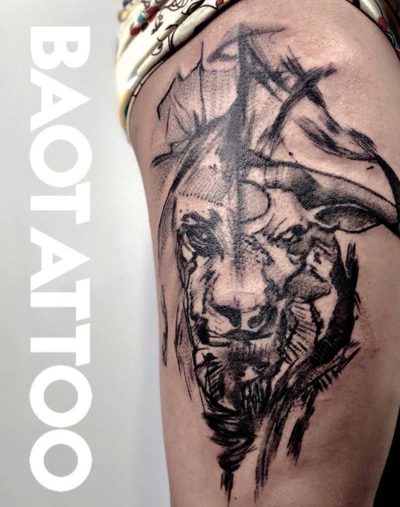 金牛座&狮子座纹身图片_腿部纹身图案