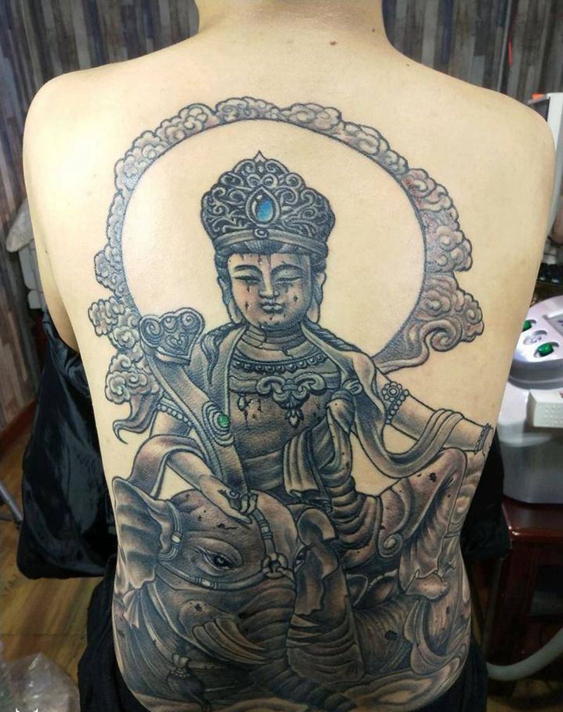 普贤菩萨纹身图片_背部传统肖像人物鬼神宗教成品手稿纹身图案