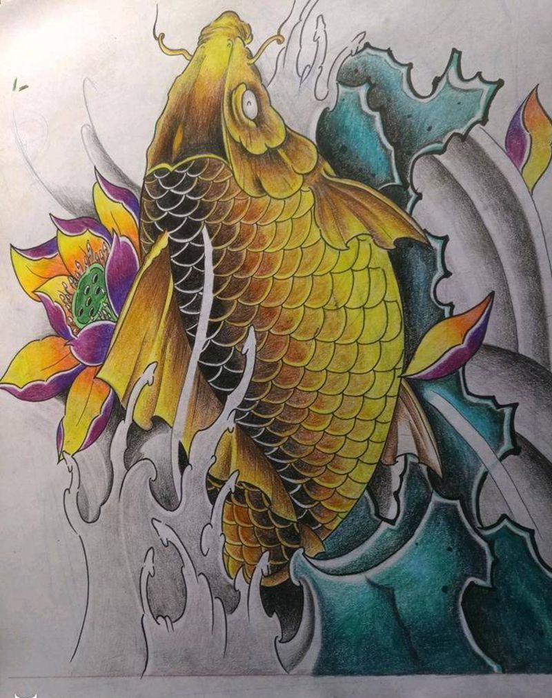 锦鲤纹身图片_传统原创手稿纹身图案