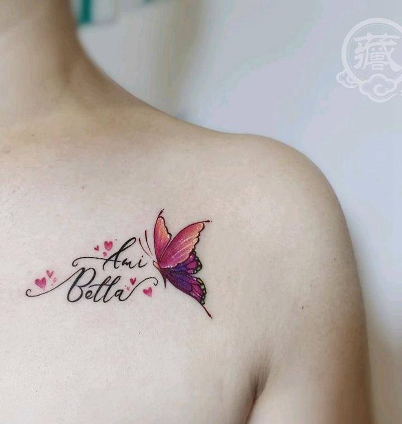 福蝶纹身图片_颈部肩部新传统水彩蝴蝶小清新英文纹身图案