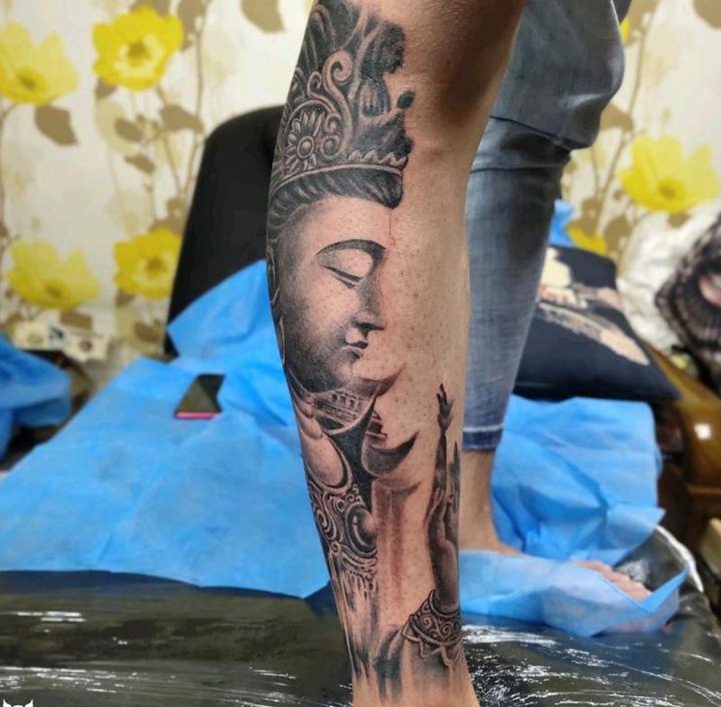 菩萨纹身图片_腿部新传统纹身图案