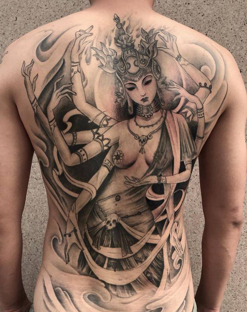 度母纹身图片_成品背部传统人物纹身图案
