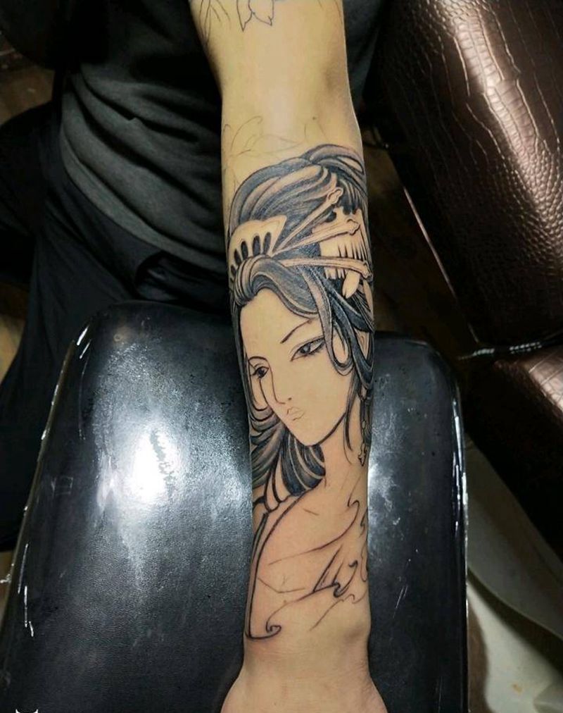 班若艺妓花臂纹身图片_肩部手臂人物鬼神成品手稿插画纹身图案