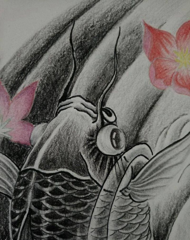 金鱼手稿纹身图片_传统动物金鱼手稿插画纹身图案