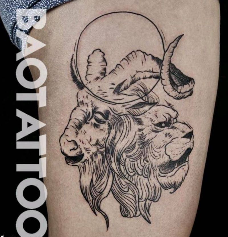 摩羯座&狮子座纹身图片_腿部欧美几何原创成品纹身图案