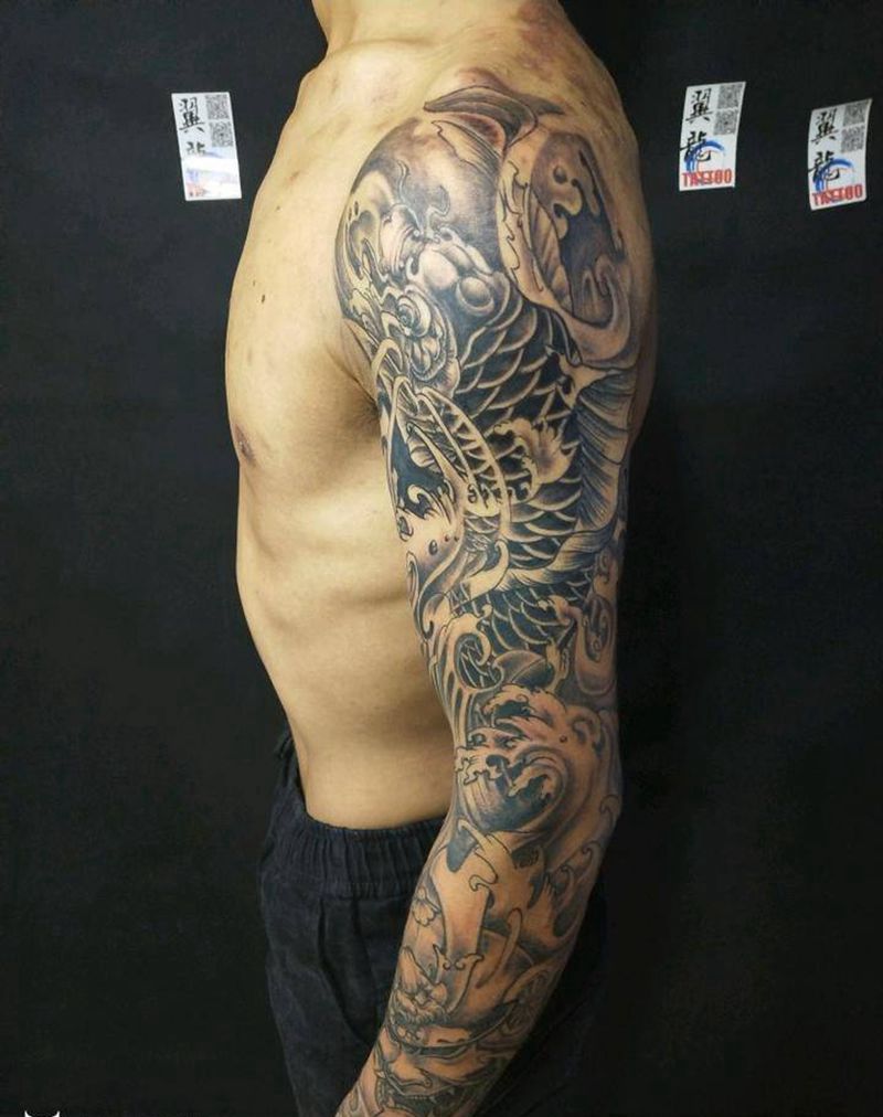 财源广进花臂纹身图片_肩部手臂传统习俗动物成品纹身图案