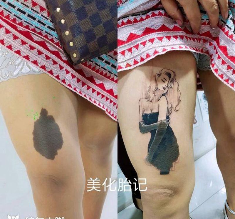 性感女神纹身图片_腿部点刺新传统纹身图案