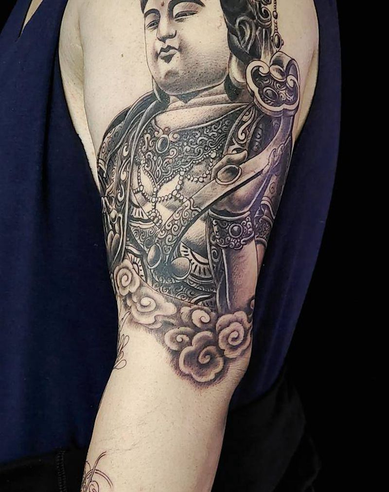 悟空拜菩萨花臂纹身图片_手臂新传统纹身图案