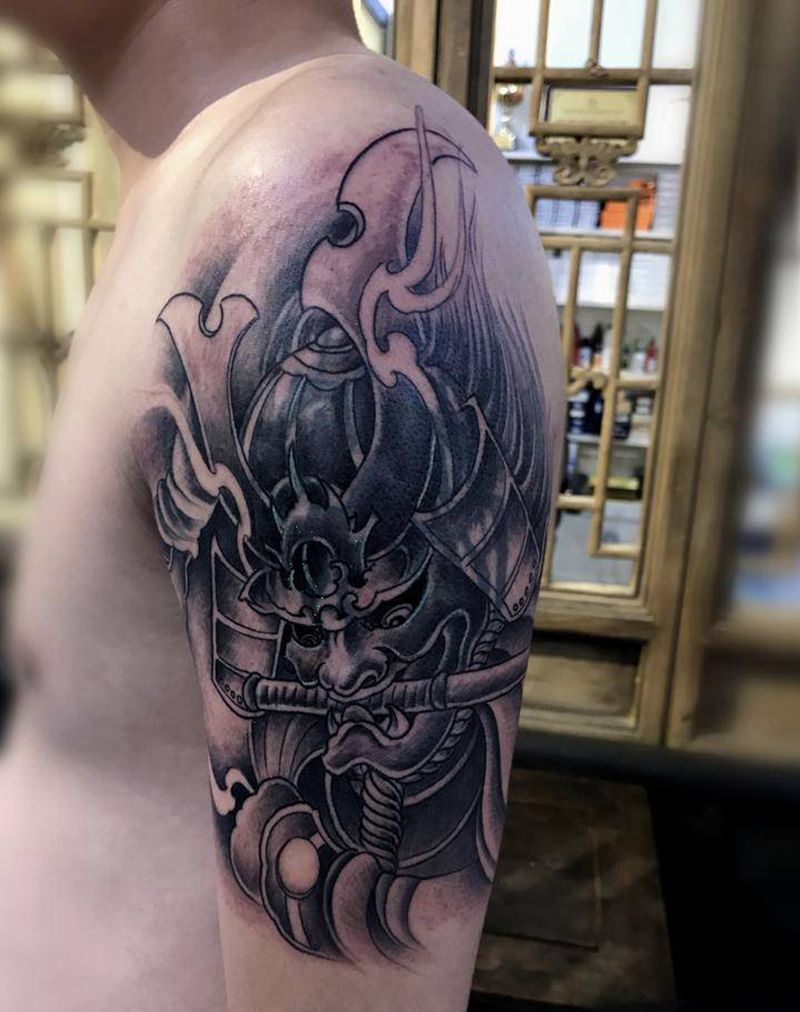 鬼武士遮盖图腾纹身图片_手臂新传统纹身图案