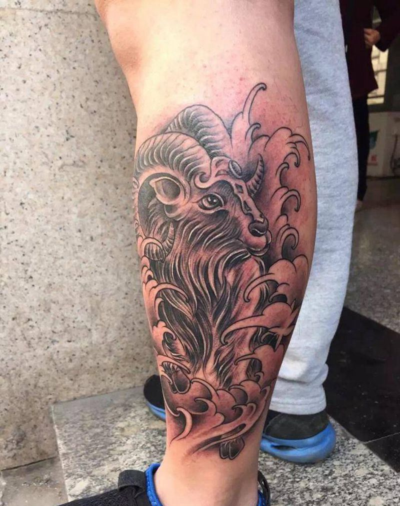 羊纹身图片_成品腿部传统动物原创纹身图案