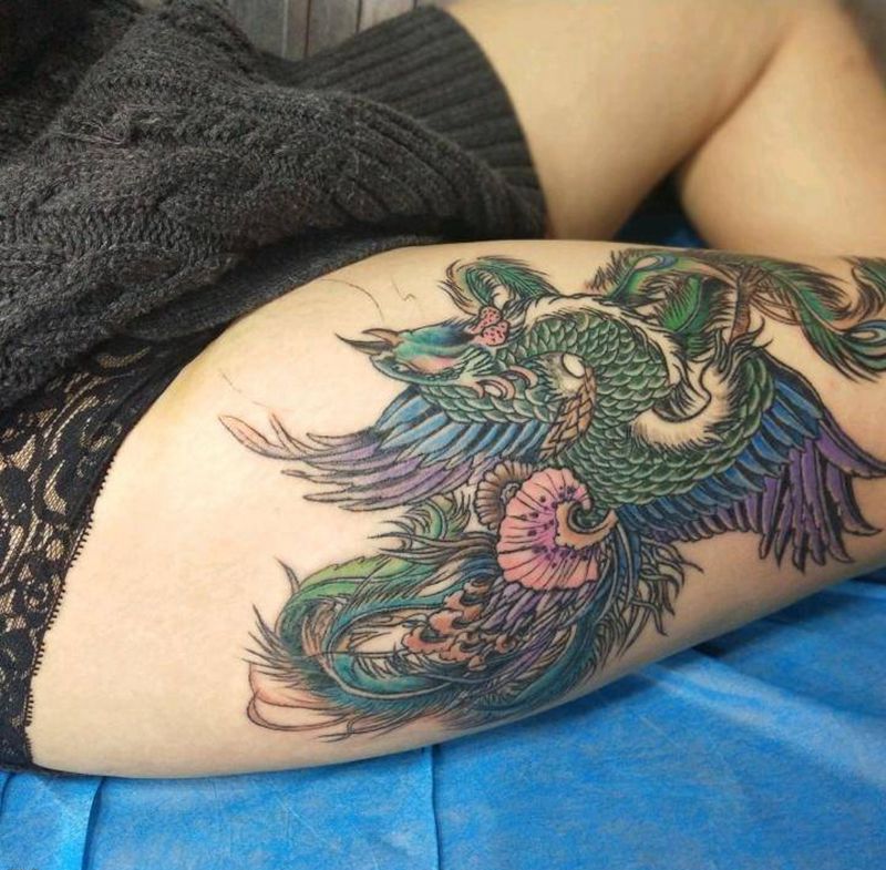 凤凰未完成纹身图片_腿部传统动物鬼神成品手稿纹身图案