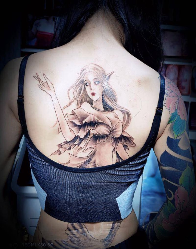 美人鱼纹身图片_背部新传统点刺清新纹身纹身图案