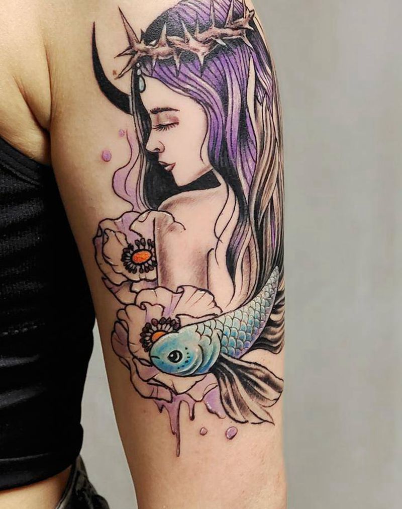 星座女孩纹身图片_手臂新传统纹身图案