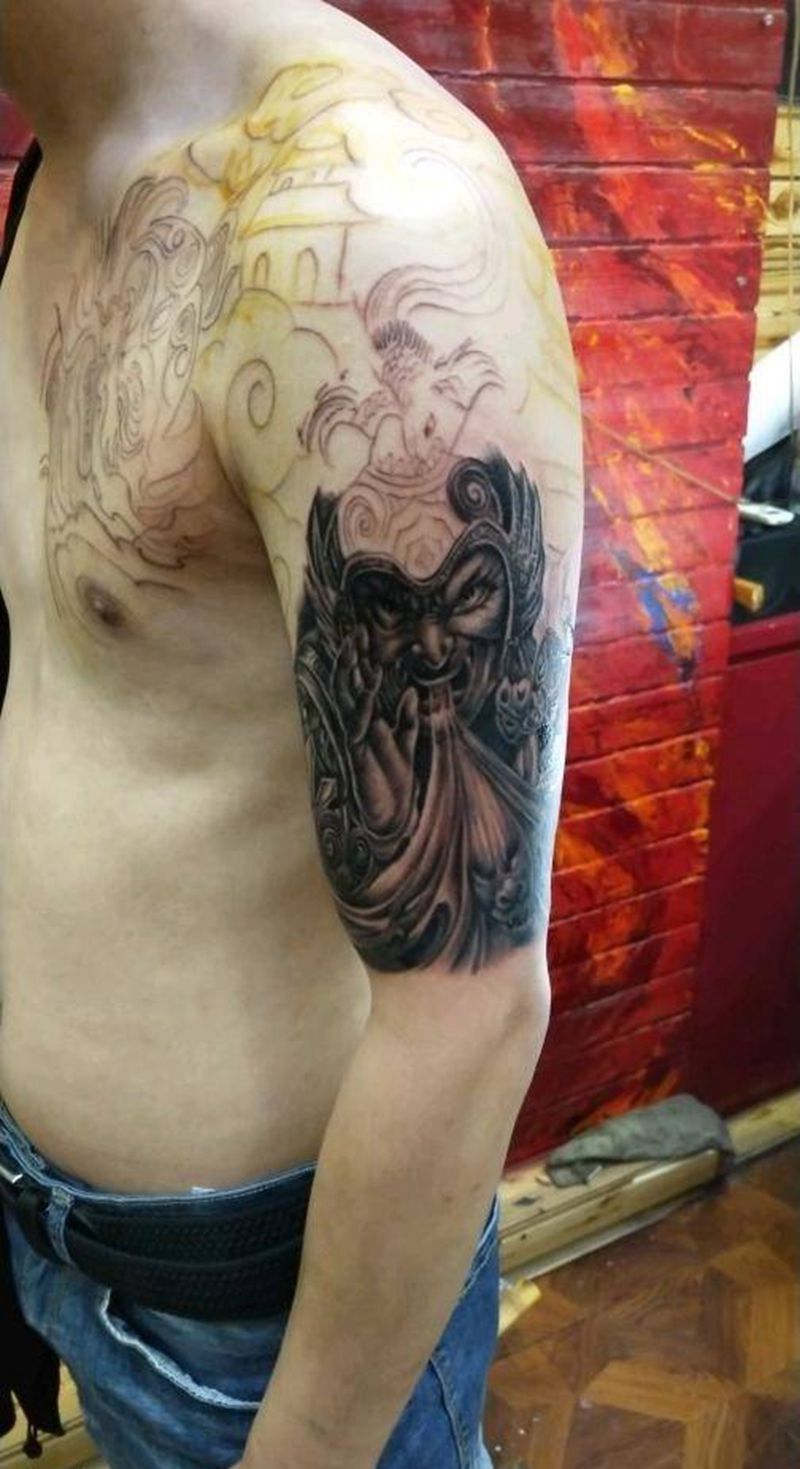 哼哈二将半甲纹身图片_手臂传统人物鬼神成品手稿纹身图案