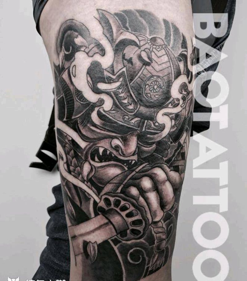 武士纹身图片_腿部传统成品纹身图案