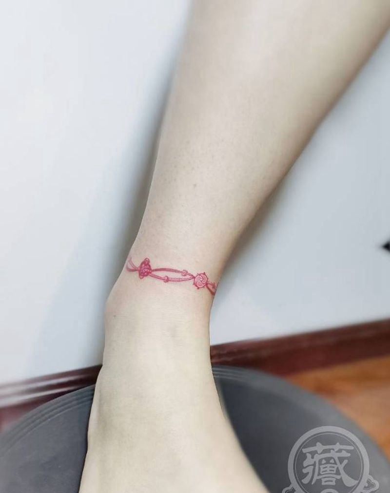 国风绳结纹身图片_脚部腿部水彩New School蝴蝶结脚环小清新纹身纹身图案