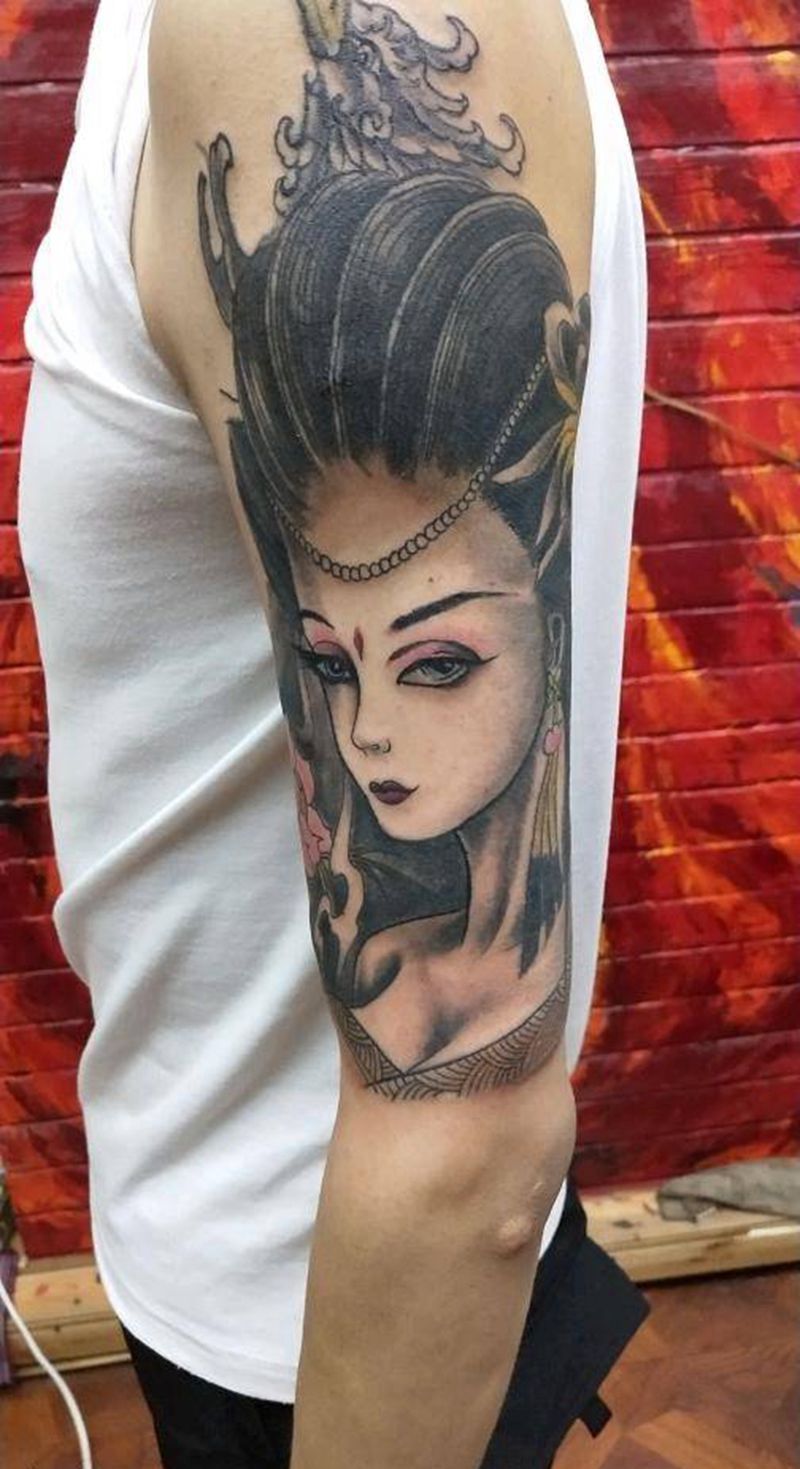 艺妓纹身图片_手臂传统肖像人物纹身图案