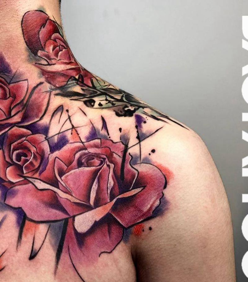 玫瑰纹身图片_胸部颈部纹身图案