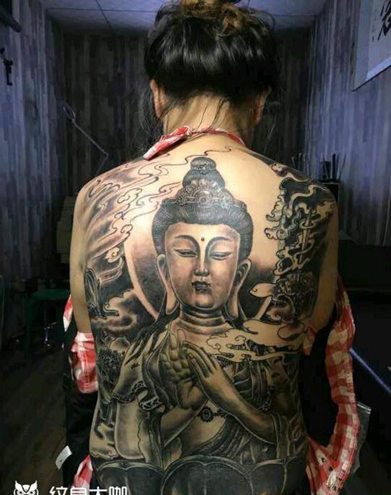 文殊菩萨纹身图片_背部传统人物鬼神成品手稿纹身图案