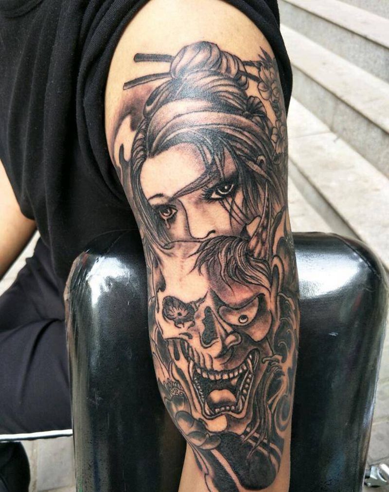 艺妓纹身图片_肩部手臂欧美传统肖像人物成品手稿纹身图案