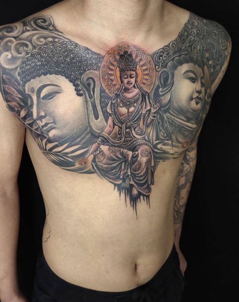 3面佛纹身图片_胸部新传统纹身图案