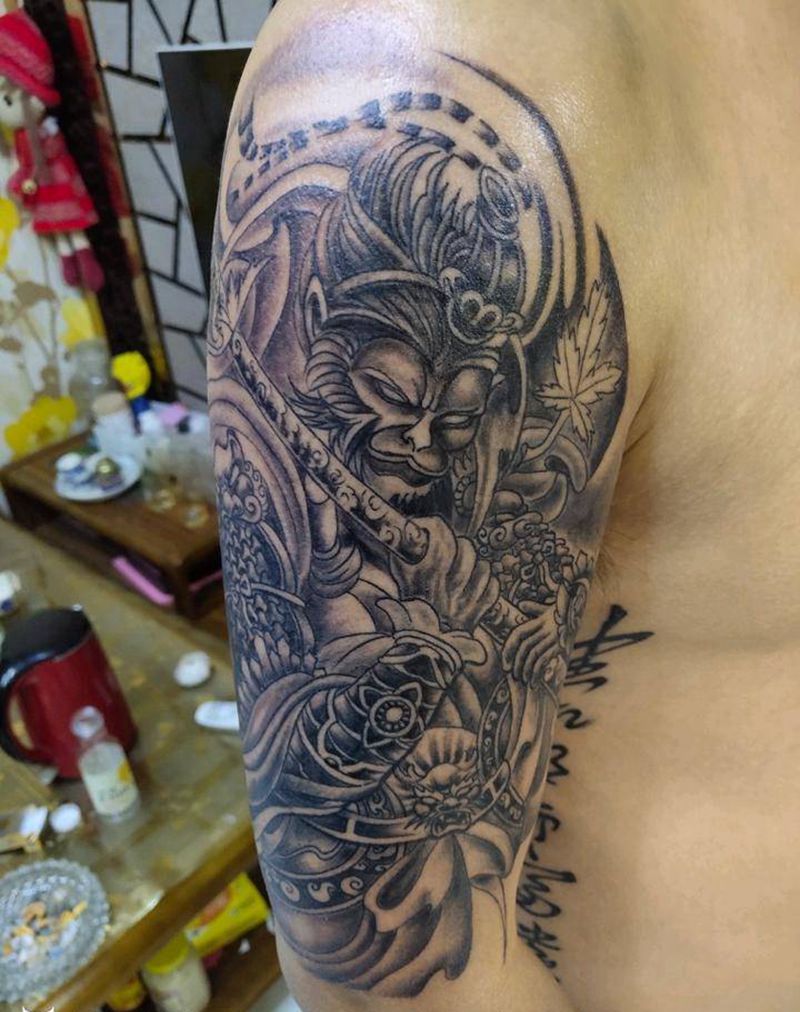 孙悟空送手稿纹身图片_肩部手臂老传统纹身图案