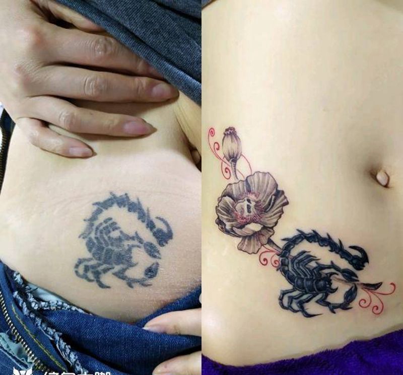 翻新纹身纹身图片_腹部新传统罂粟花纹身图案