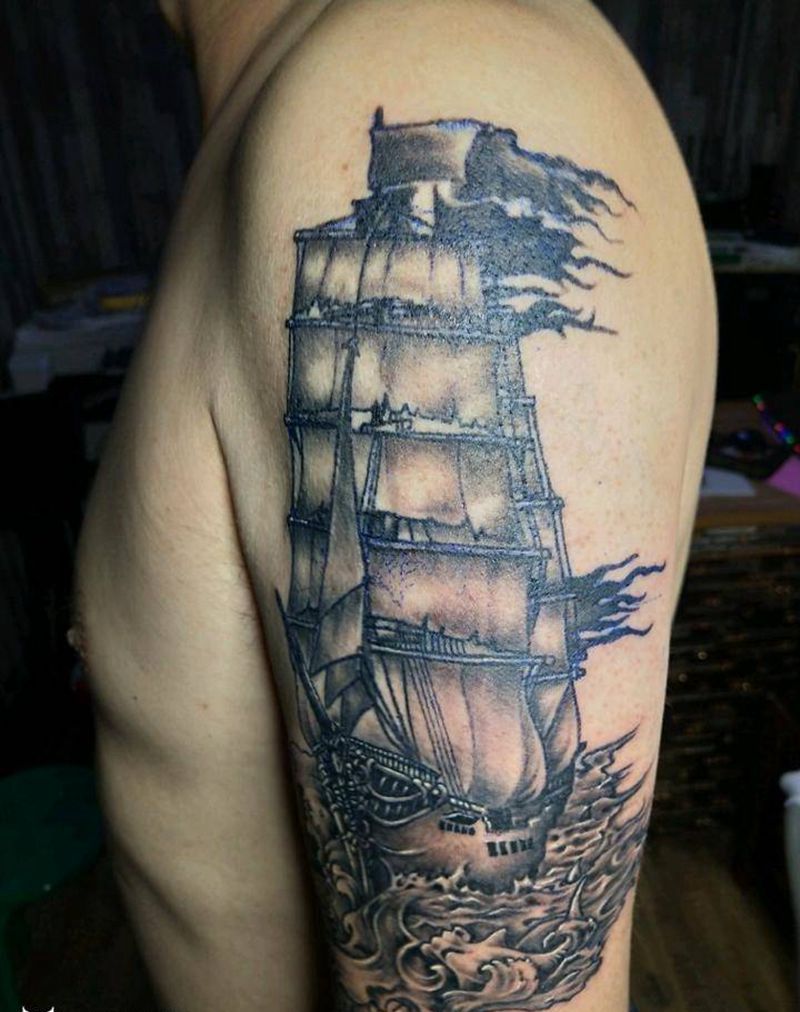 帆船纹身图片_手臂传统几何动物静物成品手稿纹身图案