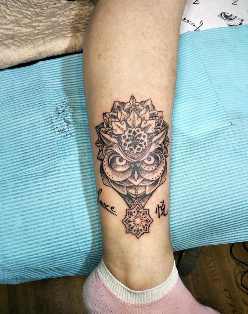 猫头鹰点刺纹身图片_腿部脚部欧美几何动物成品手稿纹身图案