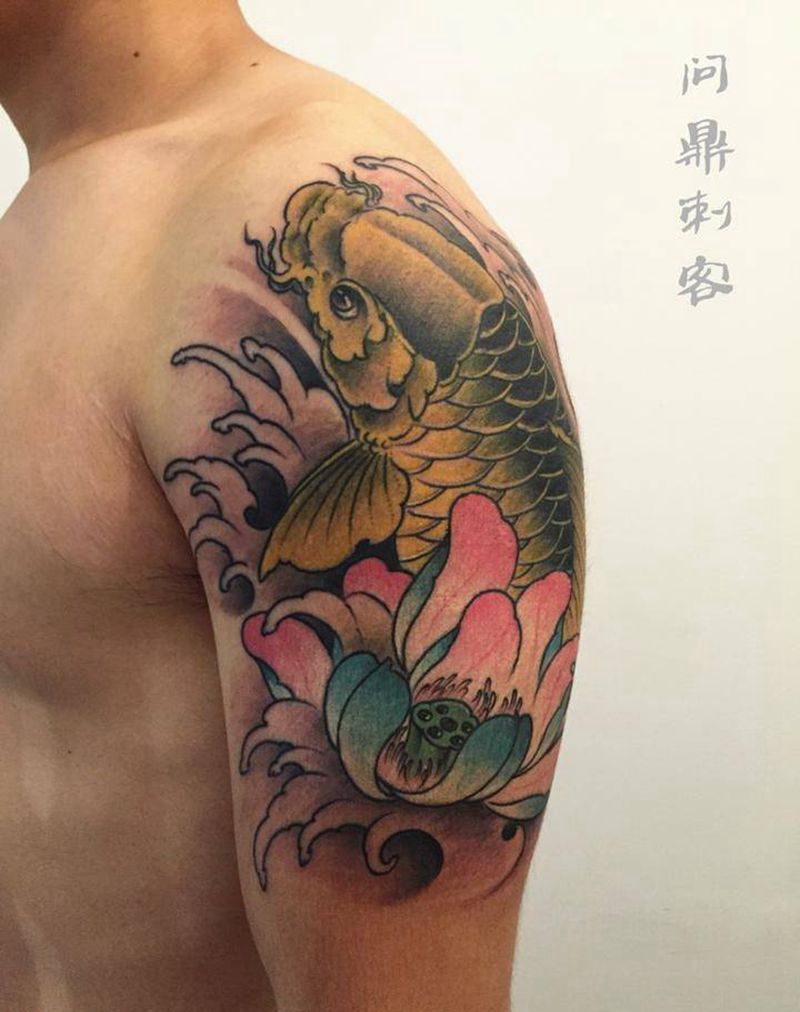 鱼纹身图片_成品插画肩部手臂传统动物原创纹身图案