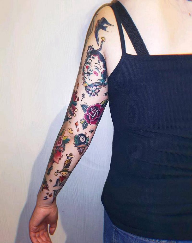 oldschool花臂纹身图片_手臂肩部Old School老传统船 心无脸男纹身图案