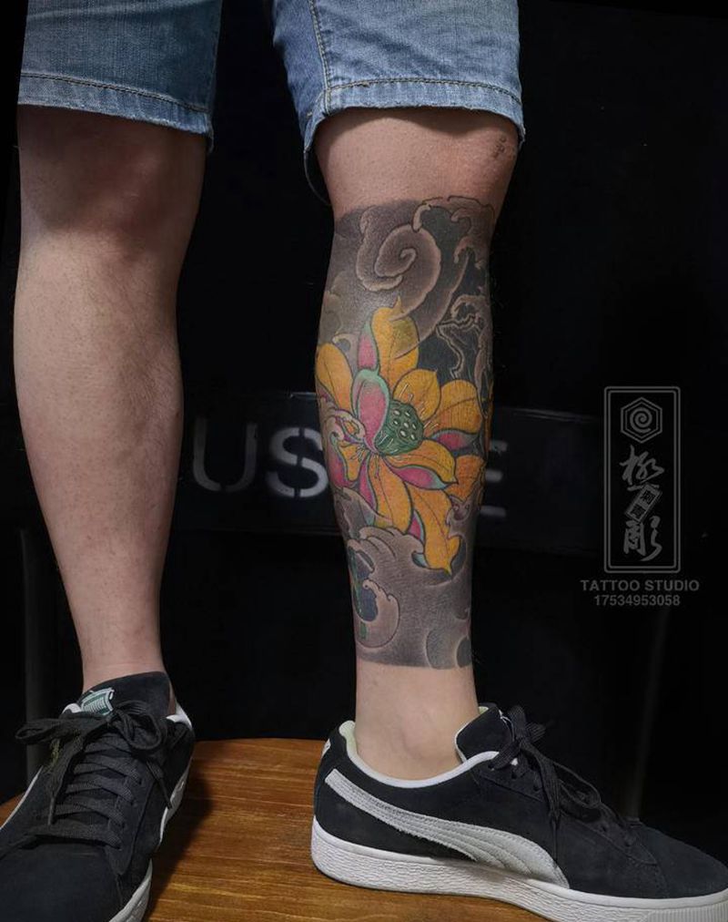 传统荷花金蟾包小腿纹身图片_腿部传统纹身图案