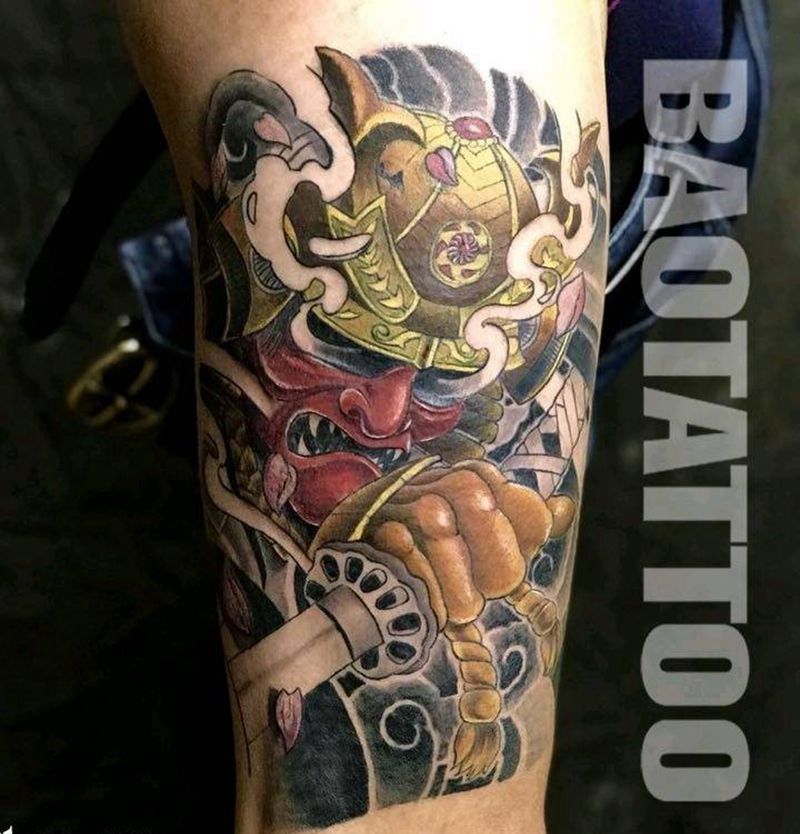 武士纹身图片_腿部传统成品纹身图案