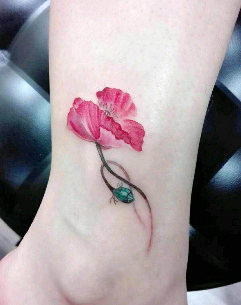 罂粟花纹身图片_腿部清新写实植物罂粟花成品纹身图案