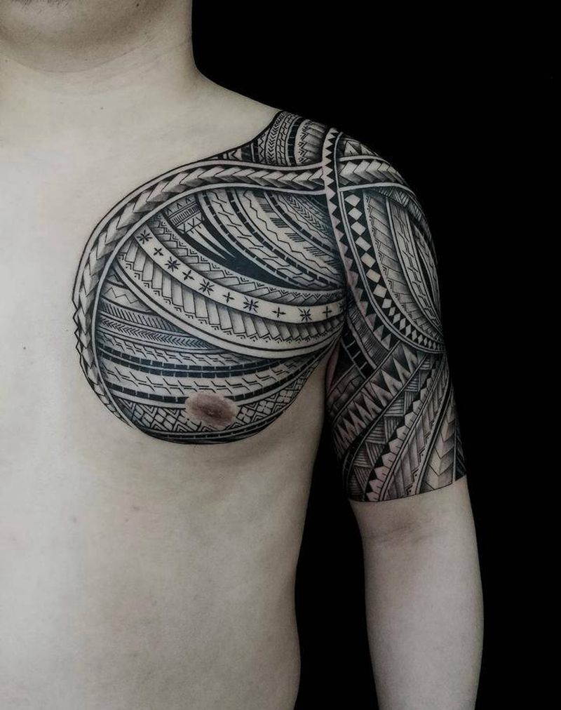 玛雅图腾半甲纹身图片_肩部胸部图腾几何纹身图案