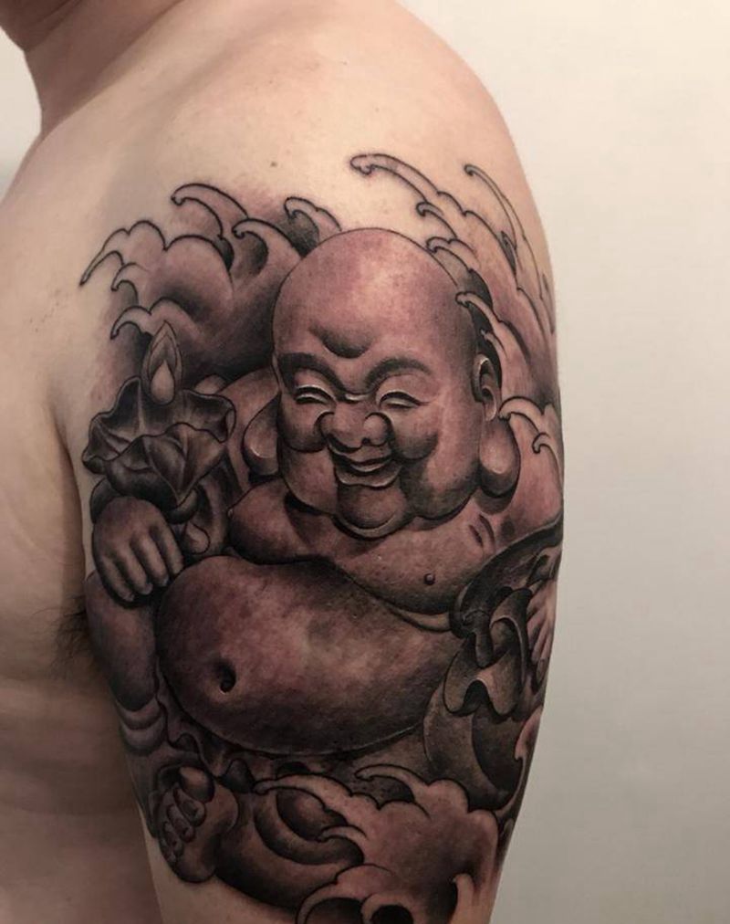 弥勒佛遮盖纹身图片_成品手臂写实人物原创纹身图案
