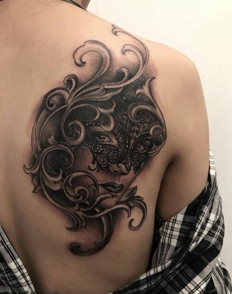 面具纹身图片_背部欧美写实纹身图案