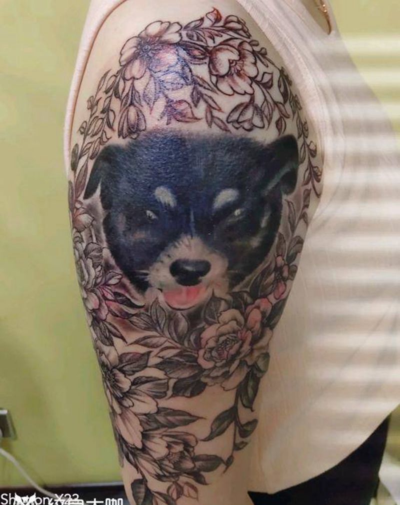 家里养了十年的狗狗纹身图片_手臂手部新传统欧美写实纹身图案