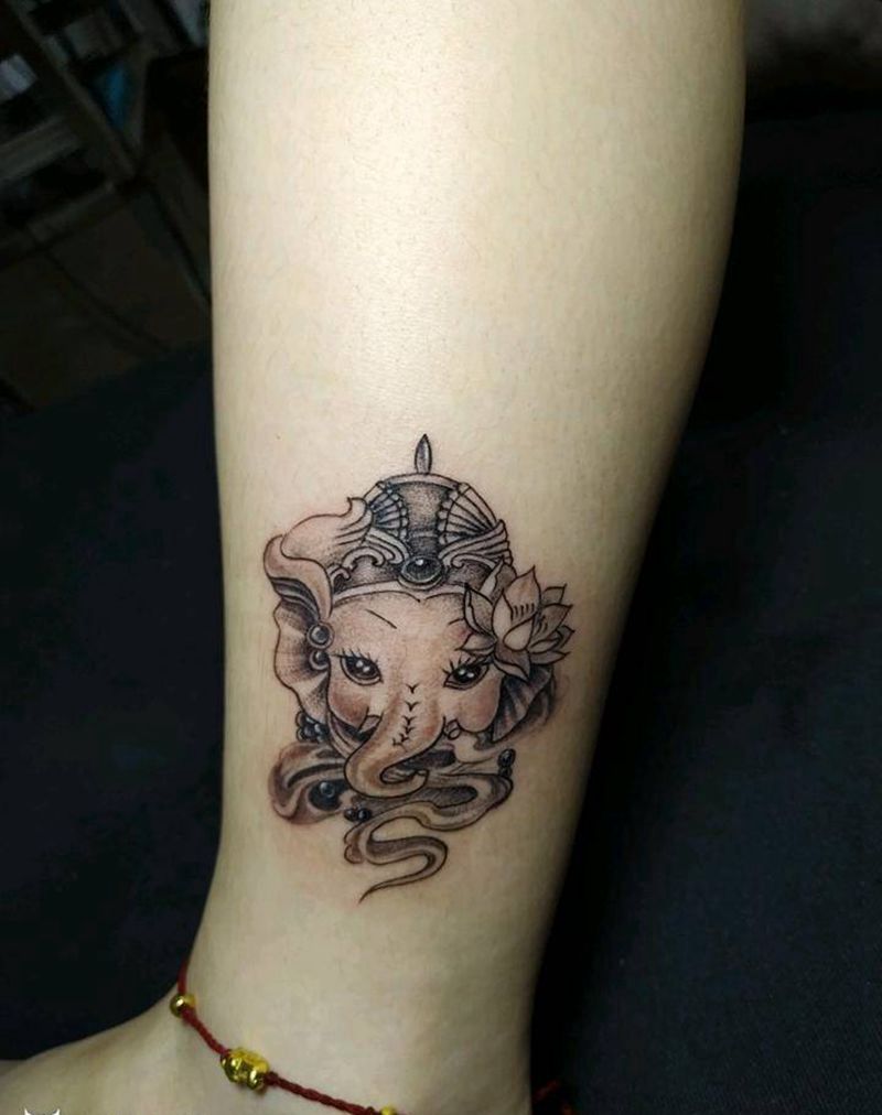 小象神纹身图片_腿部新传统纹身图案