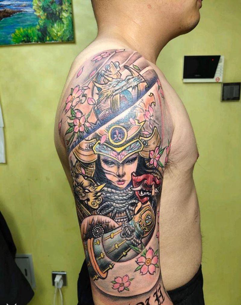 女鬼武士翼龙版本纹身图片_手臂新传统New School纹身图案